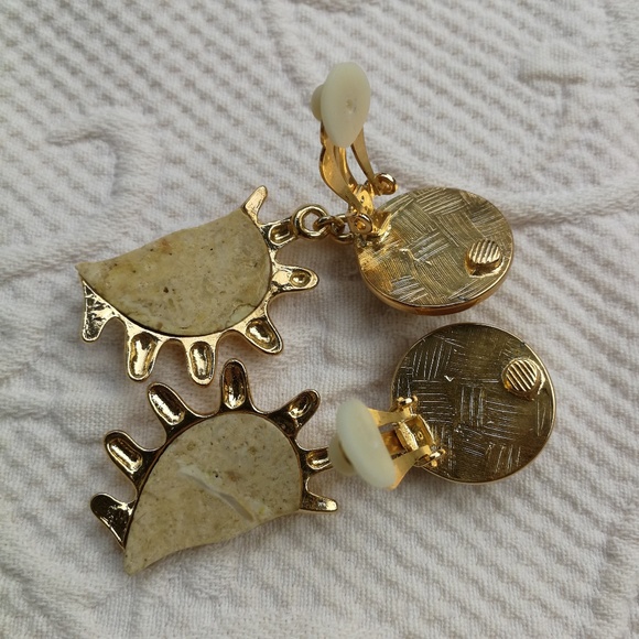 Vintage Earrings Clips Dangling Half Sun Gold - Picture 4 of 6